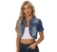 Allegra K Veste en Jean décontractée pour femmes, col rabattu, manches courtes, vestes en Jean courtesBleu moyen M