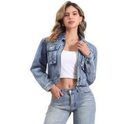 Allegra K Veste en Jean Femme Décontractée Blouson en Denim Délavé à Fermeture Éclair et à Manches Longues Veste Courte avec Poches Vintage Bleu Délavé M