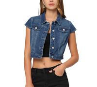 Allegra K Veste en Jean Femme Été Manches Courtes Boutonnage Avant Col Rabattu Bleu XL