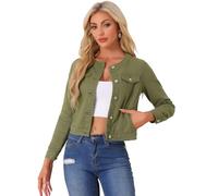 Allegra K Veste en jean pour femme boutonnée sans col à manches longues vestes en jean Armée Verte XS