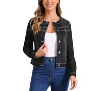 Allegra K Veste en jean pour femme boutonnée sans col à manches longues vestes en jean Noir XL