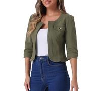Allegra K Veste en Jean pour Femme Sans Col à Manches 3/4 Devant Ouvert Blouson en Demin Délavé Armée verte L