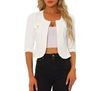 Allegra K Veste en Jean pour Femme Sans Col à Manches 3/4 Devant Ouvert Blouson en Demin Délavé Blanc L