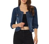 Allegra K Veste en Jean pour Femme Sans Col à Manches 3/4 Devant Ouvert Blouson en Demin Délavé Bleu foncé XL