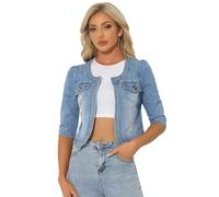 Allegra K Veste en Jean pour Femme Sans Col à Manches 3/4 Devant Ouvert Blouson en Demin Délavé Bleu clair M