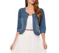 Allegra K Veste en Jean pour Femme Sans Col à Manches 3/4 Devant Ouvert Blouson en Demin Délavé Bleu S
