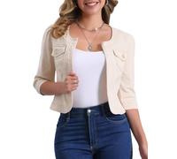 Allegra K Veste en Jean pour Femme Sans Col à Manches 3/4 Devant Ouvert Blouson en Demin Délavé Crème M