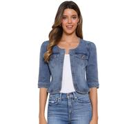 Allegra K Veste en Jean pour Femme Sans Col à Manches 3/4 Devant Ouvert Blouson en Demin Délavé Gris Bleu S