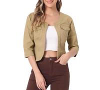 Allegra K Veste en Jean pour Femme Sans Col à Manches 3/4 Devant Ouvert Blouson en Demin Délavé Kaki XL