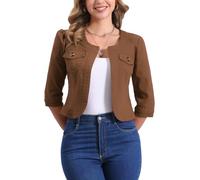 Allegra K Veste en Jean pour Femme Sans Col à Manches 3/4 Devant Ouvert Blouson en Demin Délavé Marron S