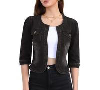 Allegra K Veste en Jean pour Femme Sans Col à Manches 3/4 Devant Ouvert Blouson en Demin Délavé Noir XS