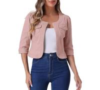 Allegra K Veste en Jean pour Femme Sans Col à Manches 3/4 Devant Ouvert Blouson en Demin Délavé Rose S
