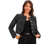 Allegra K Veste en Tweed à Carreaux Femme Col Rond Blazer Courte Boutonnée Veste d'hiver Chaude Élégante Noir M