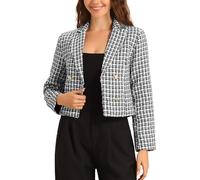 Allegra K Veste en Tweed Femme d'hiver à Revers Cranté Blazer Boutonné Tartan de Bureau à Carraux avec Manches Longues Manteau Court Blouson Court Chic Blanc Noir S
