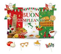 Allenjoy Buon Comleanno Ensemble de décorations de fête pizza italienne - Kit de 11 pièces avec toile de fond de 150 x 89 cm, 2 bandeaux, 8 accessoires de photomaton, fournitures de décoration