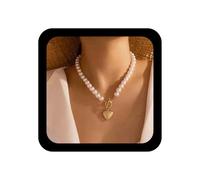 Allereya Boho Collier de perles simulées blanches rondes avec médaillon en forme de cœur d'amour