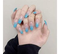 Allereya Long Cercueil Impression Sur Ongles Flamme Gradient Faux Ongles Violet Ombre Clip Sur Ongles Couverture Complète Ongles Acrylique Conseils Pour Femmes Et Filles 24 Pièces (Bleu）