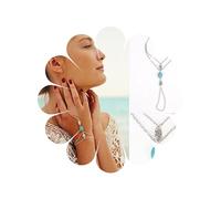 Allereya Vintage Bracelet Anneau de Doigt Turquoise en Couches Bracelet d'esclave en Argent Bracelet de Fleur Creuse Bracelet de chaîne de Main en Pierre Bleue Bracelet Bijoux pour Femmes et Filles