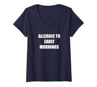 Allergique aux Matins tôt T-Shirt avec Col en V, Femme, Bleu Marine, XL