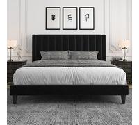 Allewie Cadre de lit capitonné en velours king size avec tête de lit rembourrée à nervures, sommier à lattes en bois résistant, sommier à matelas, ressorts optionnels