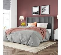 Allewie Cadre de lit double en velours, tête de lit touffetée verticale, lit plateforme rembourrée, lattes en bois solides, pas besoin de sommier tapissier, assemblage facile, gris