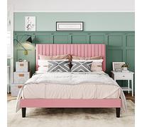 Allewie Cadre de lit double, plateforme rembourrée en velours avec tête de lit touffetée à canaux verticaux réglables, sommier tapissier en option, assemblage facile, rose