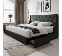 Allewie Cadre de lit king size avec 4 tiroirs de rangement et tête de lit à ailes, design touffeté à boutons, pas besoin de sommier tapissier, gris foncé