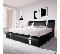 Allewie Cadre de lit king size avec décoration en fer, lit à plate-forme rembourré en similicuir avec tête de lit réglable et lattes en bois résistant, pas besoin de ressorts, noir