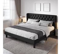 Allewie Cadre de lit king size avec tête de lit capitonnée à boutons, cadre de lit moderne rembourré avec support à lattes en bois massif - Pas besoin de sommier tapissier, assemblage facile, noir