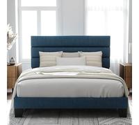 Allewie Cadre de lit plateforme bleu marine avec tête de lit rembourrée en tissu et lattes en bois solides, sommier tapissier en option/assemblage facile