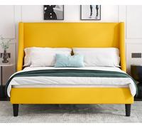 Allewie Cadre de lit plateforme de taille complète avec ailes, cadre de lit rembourré avec tête de lit, support à lattes en bois, fond de matelas, jaune clair (lit double)