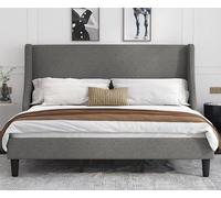 Allewie Cadre de lit plateforme King size avec tête de lit rembourrée, dos à ailettes de luxe moderne, support à lattes en bois, sommier à matelas, gris clair