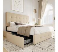 Allewie Cadre de lit rembourré pour grand lit avec 4 tiroirs de rangement et tête de lit, boutons carrés cousus touffetés, base de matelas avec support à lattes en bois, pas besoin de sommier