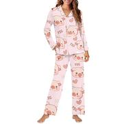 Allhaitong Ensemble de pyjama 2 pièces pour femme, doux à manches longues boutonnées, haut et pantalon, pyjama ample décontracté, Cochon - Rose, XXL