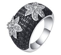 Alliance Bague Mariage, Bague Strass Femme Noir Argent Taille 56.5 Élégant Fleur Cubic Zirconia Noir Blanc Cadeau de Bague de Saint-Valentin