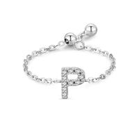 Alliance Femme Mariage, Bague pour Femme en Argent Anneau de Chaîne Réglable avec Lettre Anglaise P avec Rond Blanc Oxyde de Zirconium Argent 925 Taille Ajustable