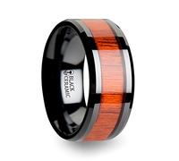 Alliance pour homme en céramique noire avec incrustation en bois véritable - poli biseauté confortable - 6 mm, 8 mm, 10 mm de large - Nom du style : BOSULU, céramique, inconnu