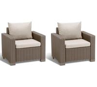 Allibert by Keter California Lot de 2 fauteuils Salon de Jardin avec Coussins d'assise et de Dossier, en Plastique, Aspect rotin, Couleur Cappuccino/Sable, 83 x 68 x 72 cm