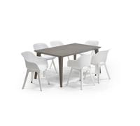 ALLIBERT JARDIN Table LIMA 160x100cm - Capuccinno + 3 lots de 2 fauteuils AKOLA Blanc - Résine