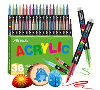 Allinside Feutre Acrylique, 36 Couleurs Feutres Acrylique avec embout pinceau flexible,liquide direct Acrylic Paint Marker feutres coloriage pour la peinture sur roche, céramique