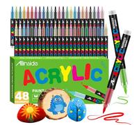 Allinside Feutre Acrylique, 48 Couleurs Feutres Acrylique avec embout pinceau flexible, liquide direct Acrylic Paint Marker feutres coloriage pour la peinture sur roche, céramique