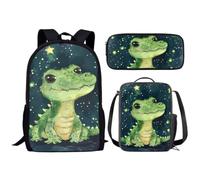 Allinterest Kawaii Sac à dos pour garçons 3 pièces Imprimé crocodile 43,2 cm pour école primaire avec boîte à déjeuner et trousse à crayons