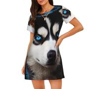 ALLiYa Blue Eyed Husky Chemise de nuit à manches courtes pour femme, Noir , L