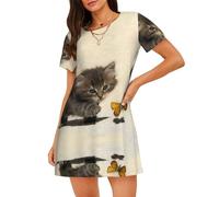 ALLiYa Chemise de nuit à manches courtes pour femme Motif chat et papillon, Noir , XXL