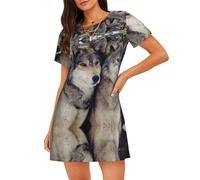 ALLiYa Two Wolves Chemise de nuit à manches courtes pour femme, Noir , XL
