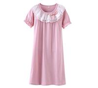 Allmeingeld Chemise de nuit en dentelle pour fille 100 % coton 3-12 ans, Dentelle ronde avec nœud - Manches courtes - Rose, 7-8 ans