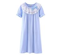 Allmeingeld Chemise de nuit en dentelle pour fille 100 % coton pour 3 à 12 ans, Dentelle ronde avec nœud - Manches courtes - Bleu, 11-12 ans