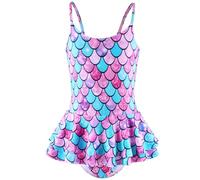 Allmeingeld Maillot de bain une pièce pour fille - Imprimé hawaïen - Pour 3 à 12 ans, Échelle bleue avec jupe, 3-4 ans