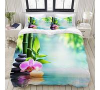 ALLMILL Parure de lit Adulte,Housse de Couette,Green Zen Spa Nature Morte Bougie et Pierre avec Bambou dans Nature sur Eau Orchidée,1 Housse de Couette 220 x 240cm + 2 Taies d'Oreillers 50 * 75 CM