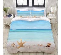 ALLMILL Parure de lit Adulte,Housse de Couette,Plage de Sable d'été, Coquillages et étoiles de mer,1 Housse de Couette 220 x 240cm + 2 Taies d'Oreillers 50 * 75 CM